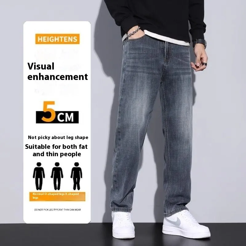 Men's straight leg casual jeans in black cotton denim with non-iron finish, side view.