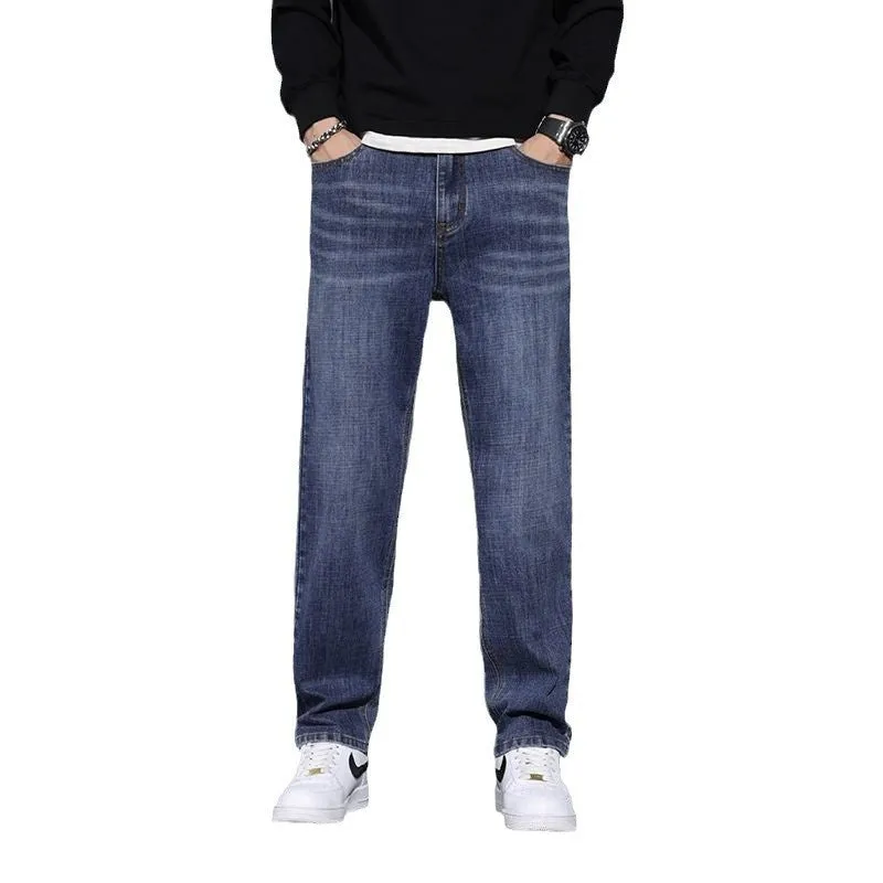 Men's straight leg casual jeans in black cotton denim with non-iron finish, side view.