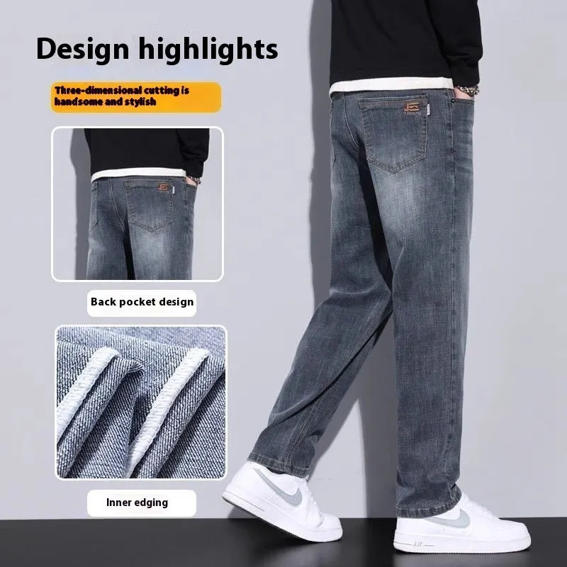 Men's straight leg casual jeans in black cotton denim with non-iron finish, side view.
