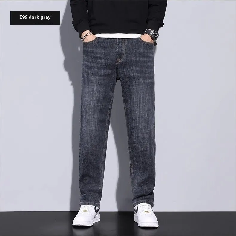 Men's straight leg casual jeans in black cotton denim with non-iron finish, side view.