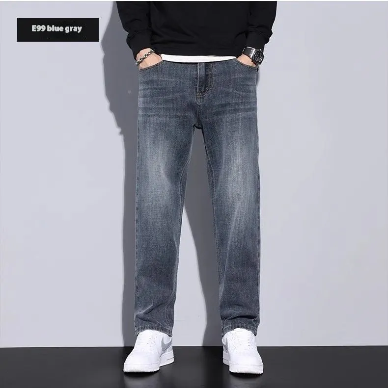 Men's straight leg casual jeans in black cotton denim with non-iron finish, side view.