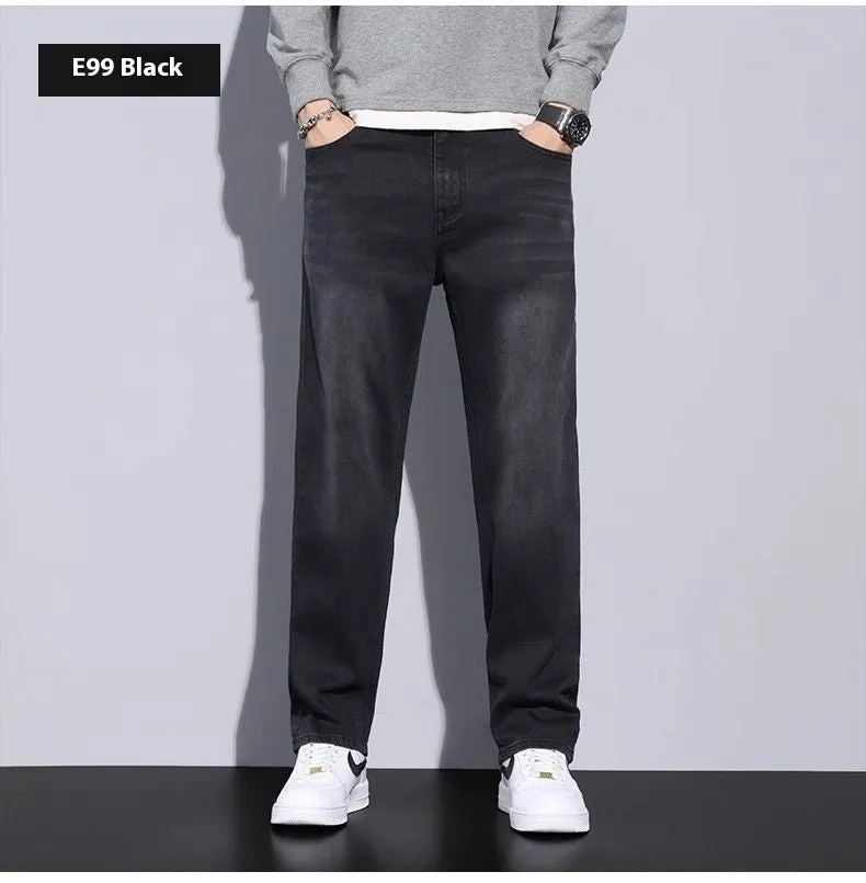 Men's straight leg casual jeans in black cotton denim with non-iron finish, side view.