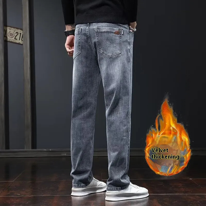 Men's straight leg casual jeans in black cotton denim with non-iron finish, side view.