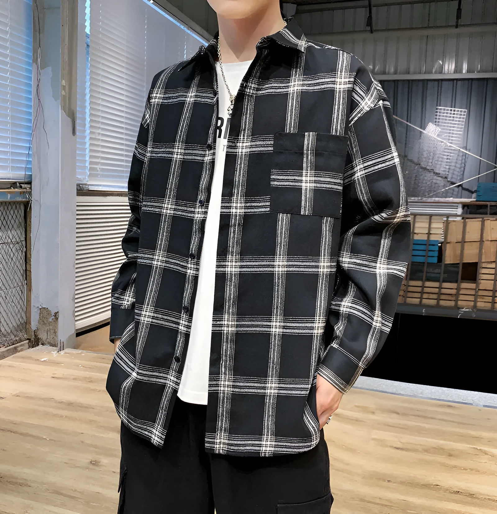 Men's loose-fit plaid long sleeve shirt in black, grey, and navy blue