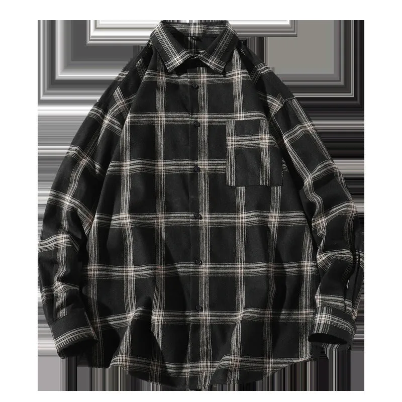 Men's loose-fit plaid long sleeve shirt in black, grey, and navy blue