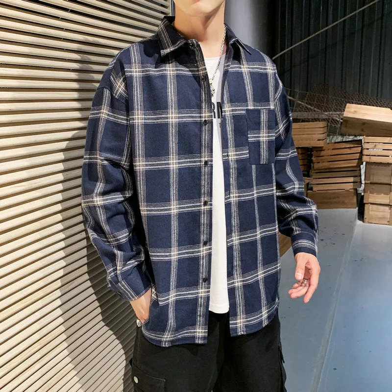 Men's loose-fit plaid long sleeve shirt in black, grey, and navy blue