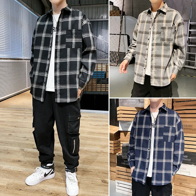 Men's loose-fit plaid long sleeve shirt in black, grey, and navy blue