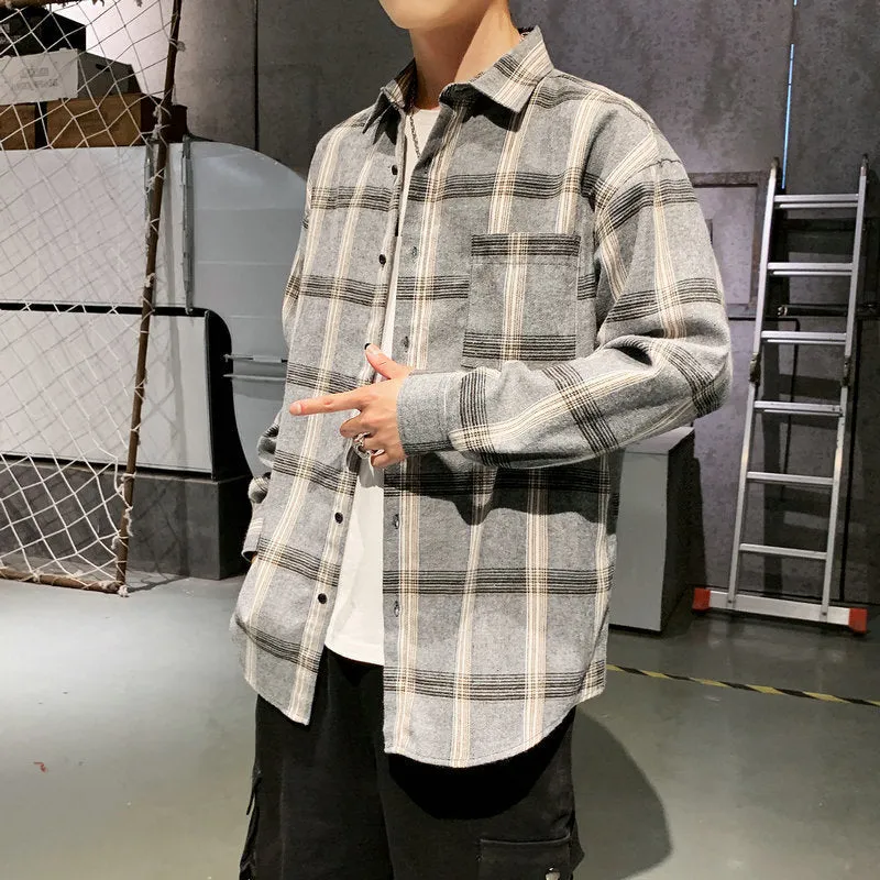 Men's loose-fit plaid long sleeve shirt in black, grey, and navy blue