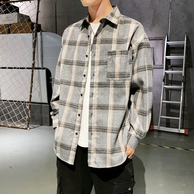 Men's loose-fit plaid long sleeve shirt in black, grey, and navy blue