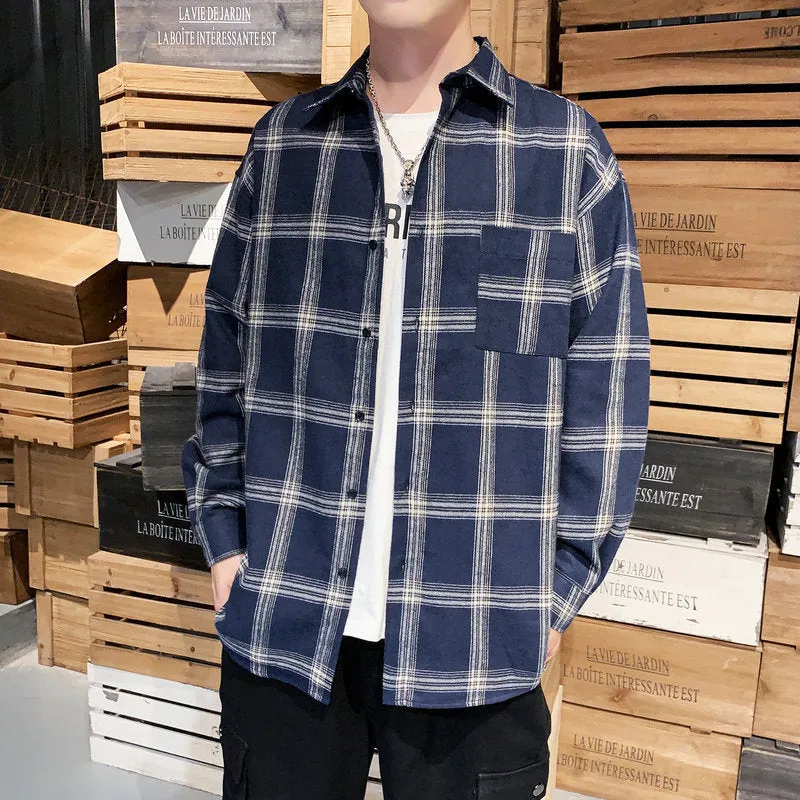 Men's loose-fit plaid long sleeve shirt in black, grey, and navy blue