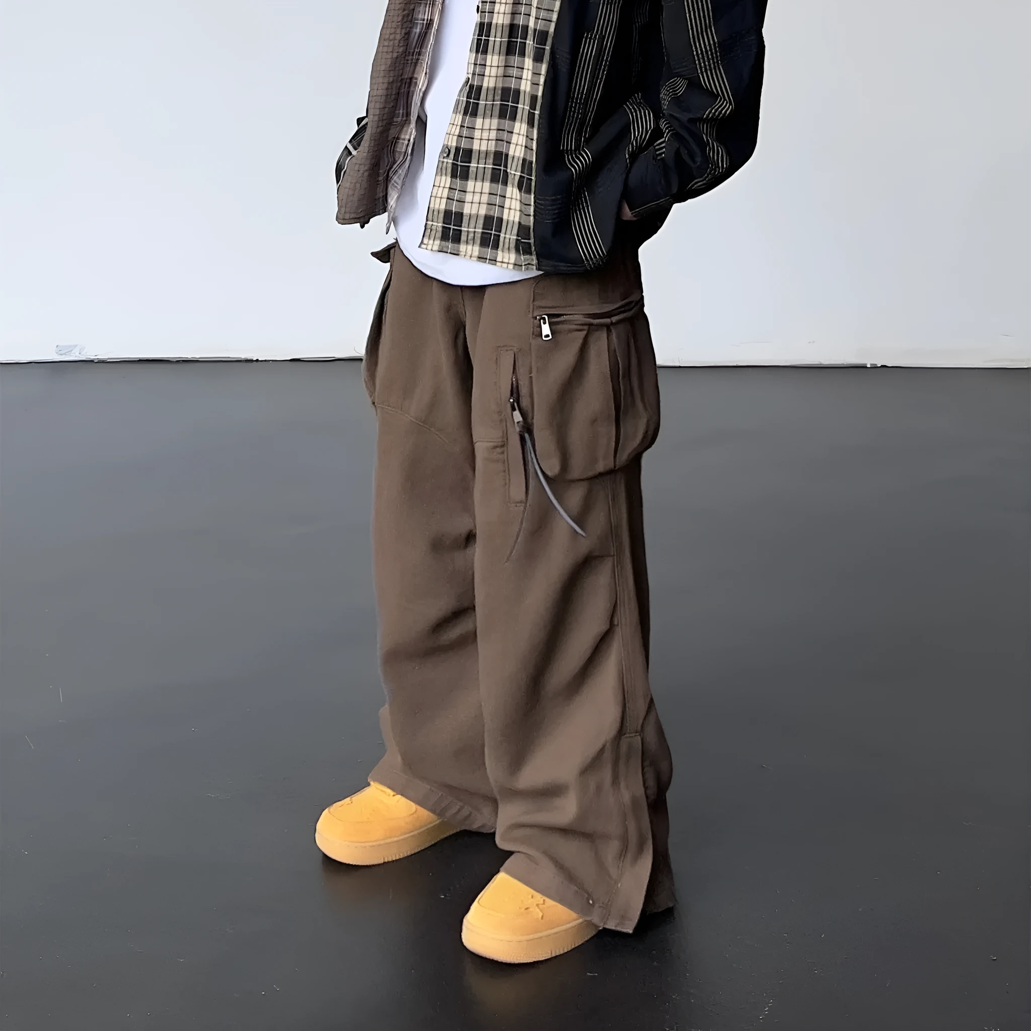 Vintage high waist loose wide leg trousers in coffee colour for women polyester fabric side view