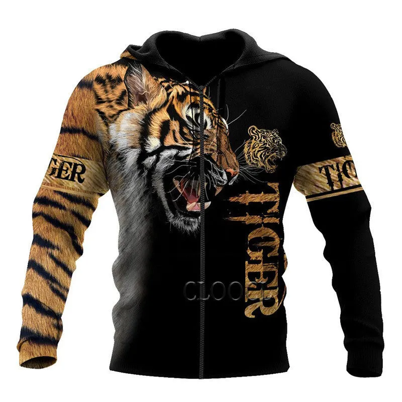 Lion 3D digital print zipper shirt with hood, cotton blend, round neck, long sleeves, full front zip, available in multiple colours and sizes.