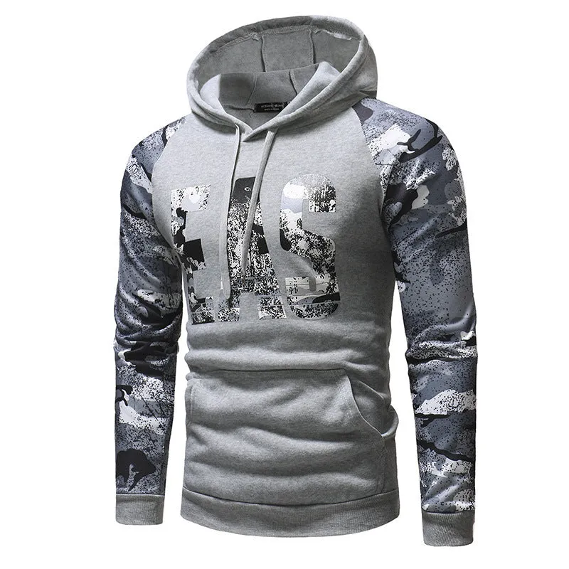 Mens long sleeve camouflage print hooded sweatshirt in polyester fibre, black colour, front view