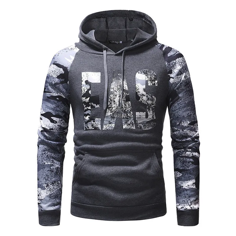 Mens long sleeve camouflage print hooded sweatshirt in polyester fibre, black colour, front view