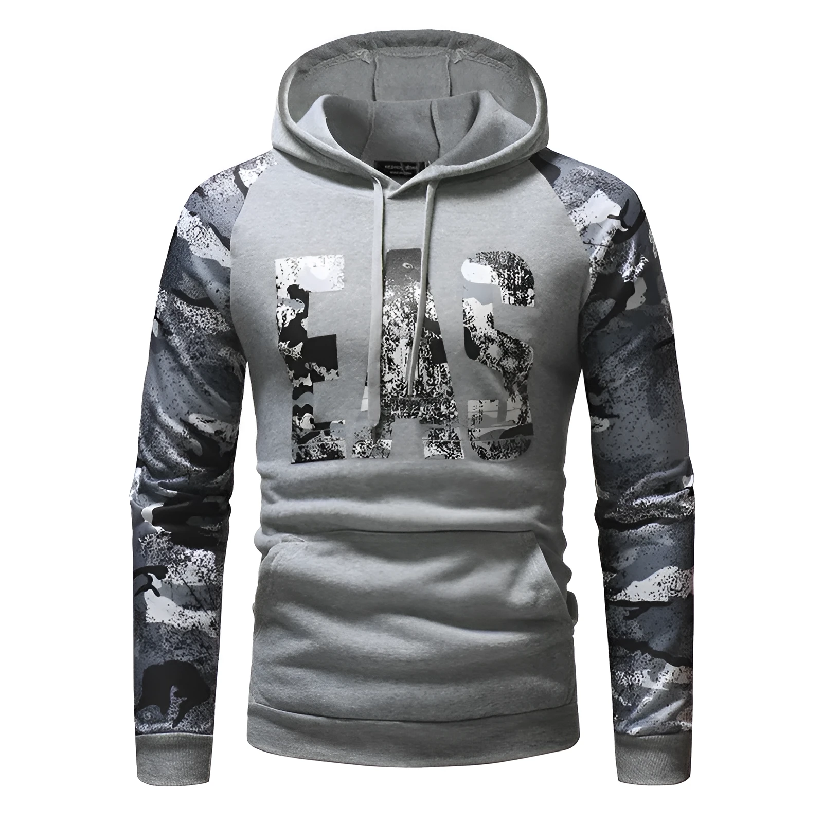 Mens long sleeve camouflage print hooded sweatshirt in polyester fibre, black colour, front view