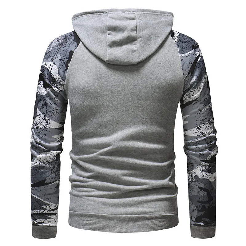 Mens long sleeve camouflage print hooded sweatshirt in polyester fibre, black colour, front view