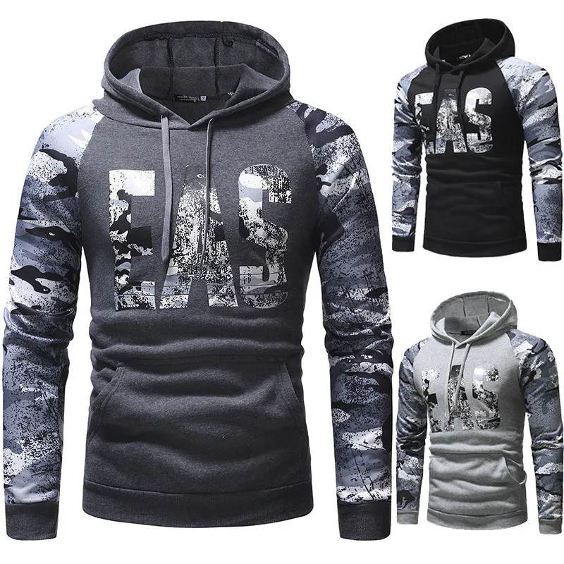 Mens long sleeve camouflage print hooded sweatshirt in polyester fibre, black colour, front view