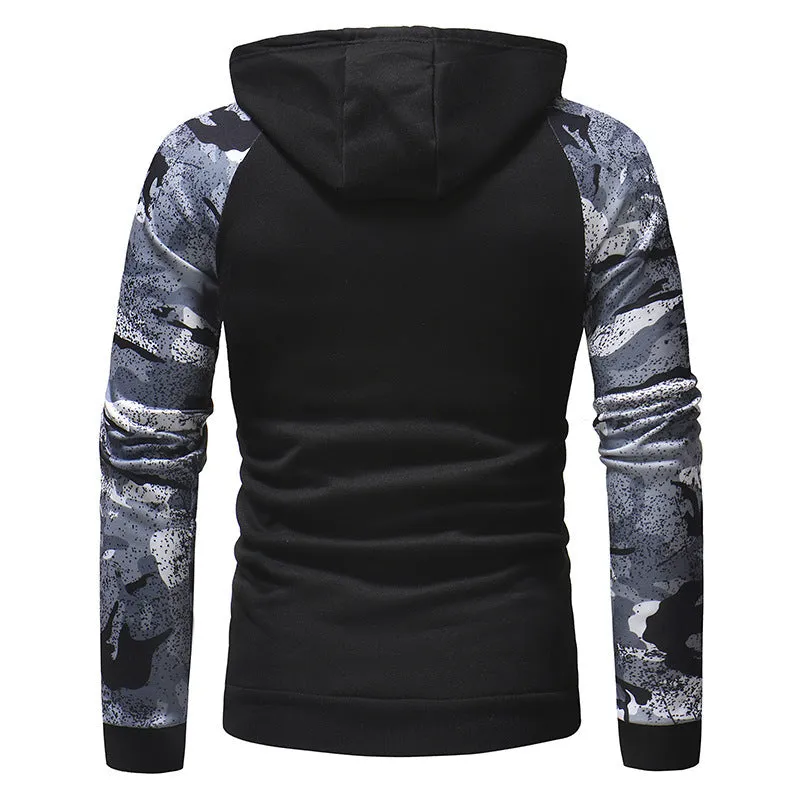 Mens long sleeve camouflage print hooded sweatshirt in polyester fibre, black colour, front view