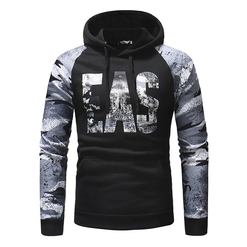 Mens long sleeve camouflage print hooded sweatshirt in polyester fibre, black colour, front view