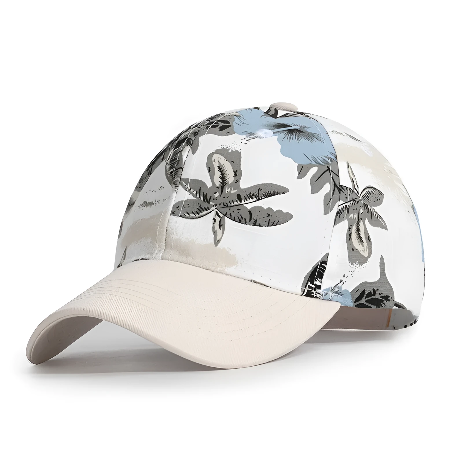 Women's cotton baseball cap with flower print in khaki colour on a white background