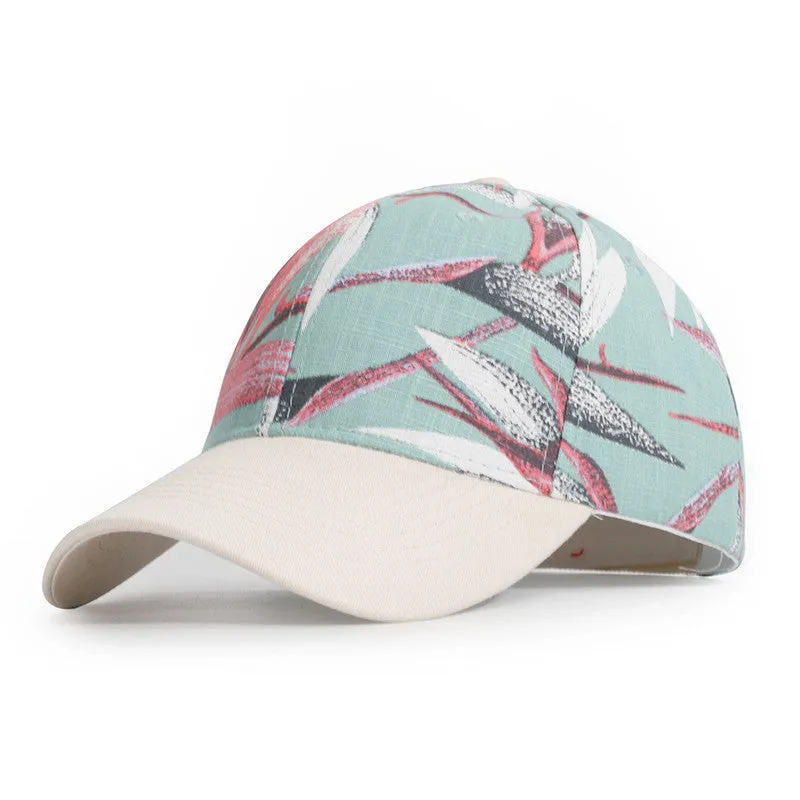 Women's cotton baseball cap with flower print in khaki colour on a white background
