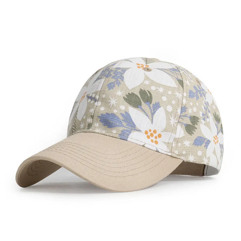 Women's cotton baseball cap with flower print in khaki colour on a white background