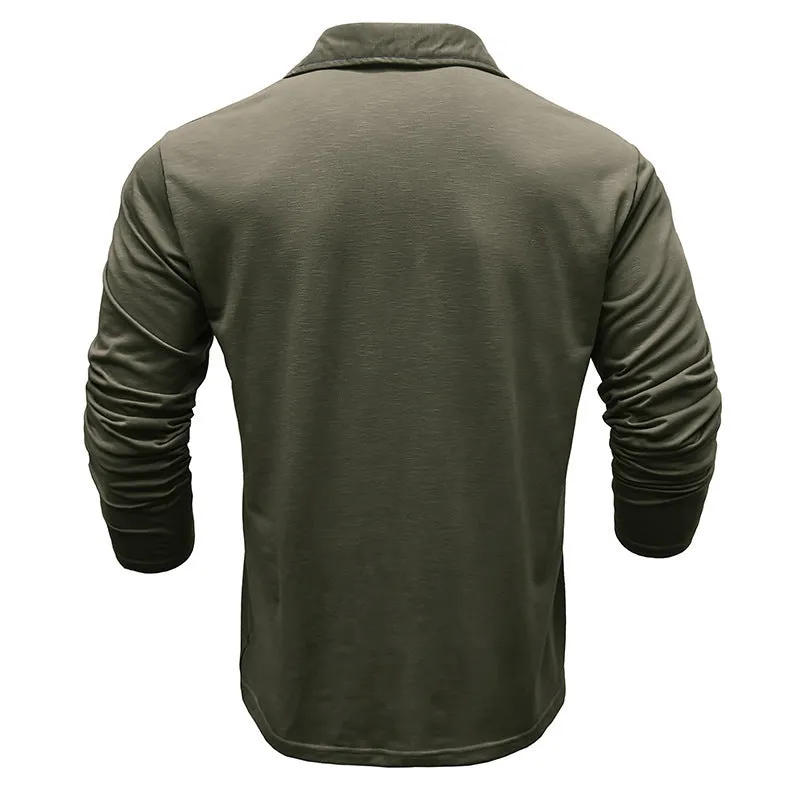 Men's slub cotton polyester Henley shirt lapel T-shirt top in army green long sleeves
