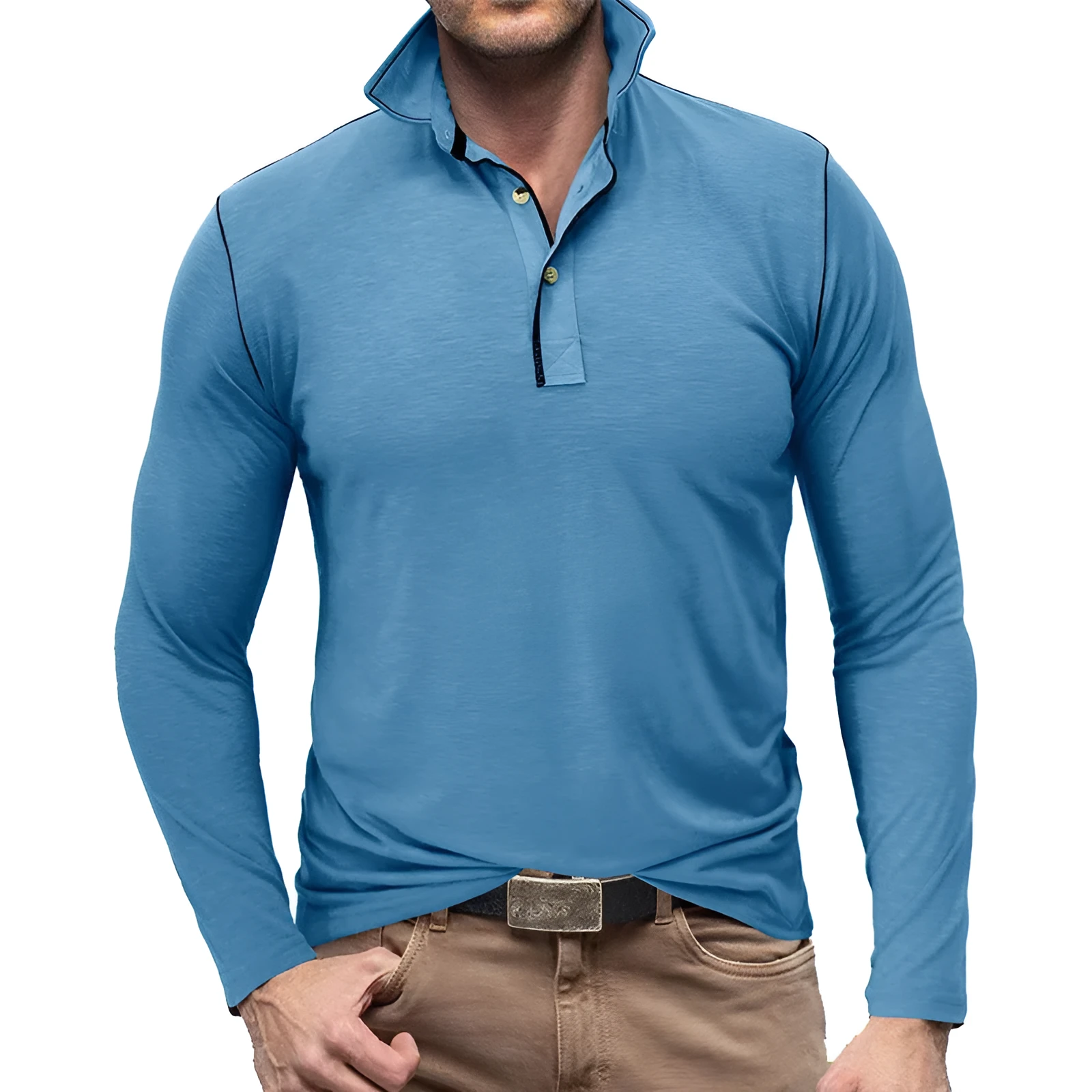 Men's slub cotton polyester Henley shirt lapel T-shirt top in army green long sleeves