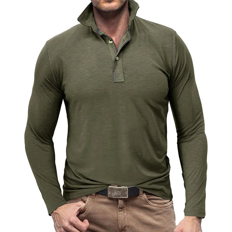 Men's slub cotton polyester Henley shirt lapel T-shirt top in army green long sleeves