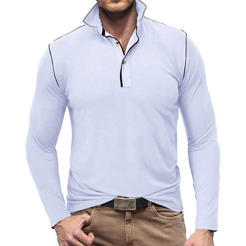 Men's slub cotton polyester Henley shirt lapel T-shirt top in army green long sleeves