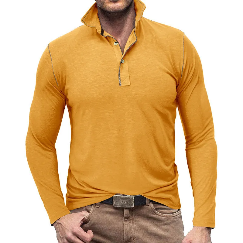 Men's slub cotton polyester Henley shirt lapel T-shirt top in army green long sleeves