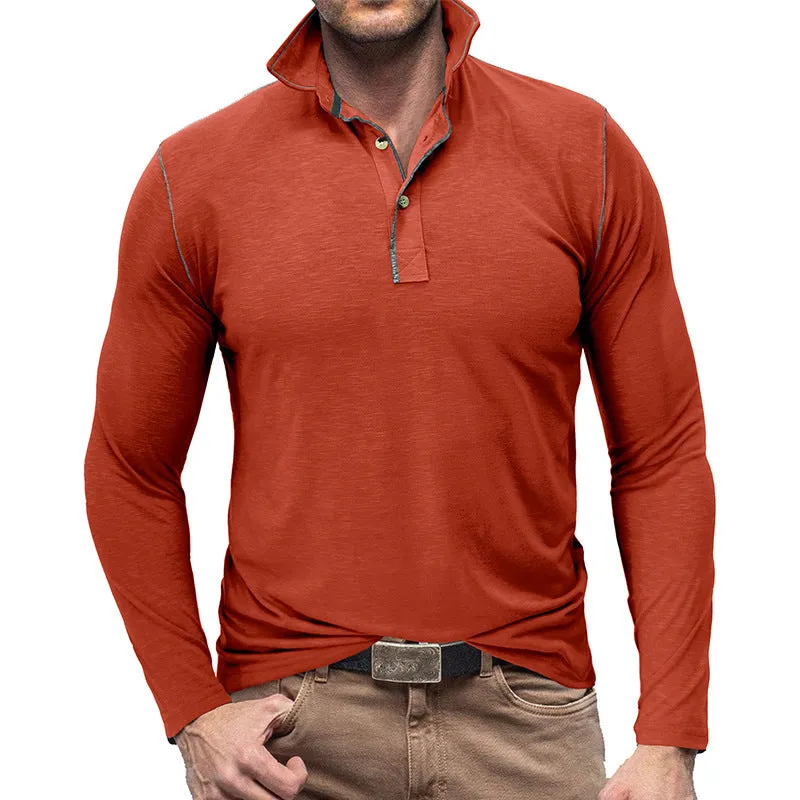 Men's slub cotton polyester Henley shirt lapel T-shirt top in army green long sleeves