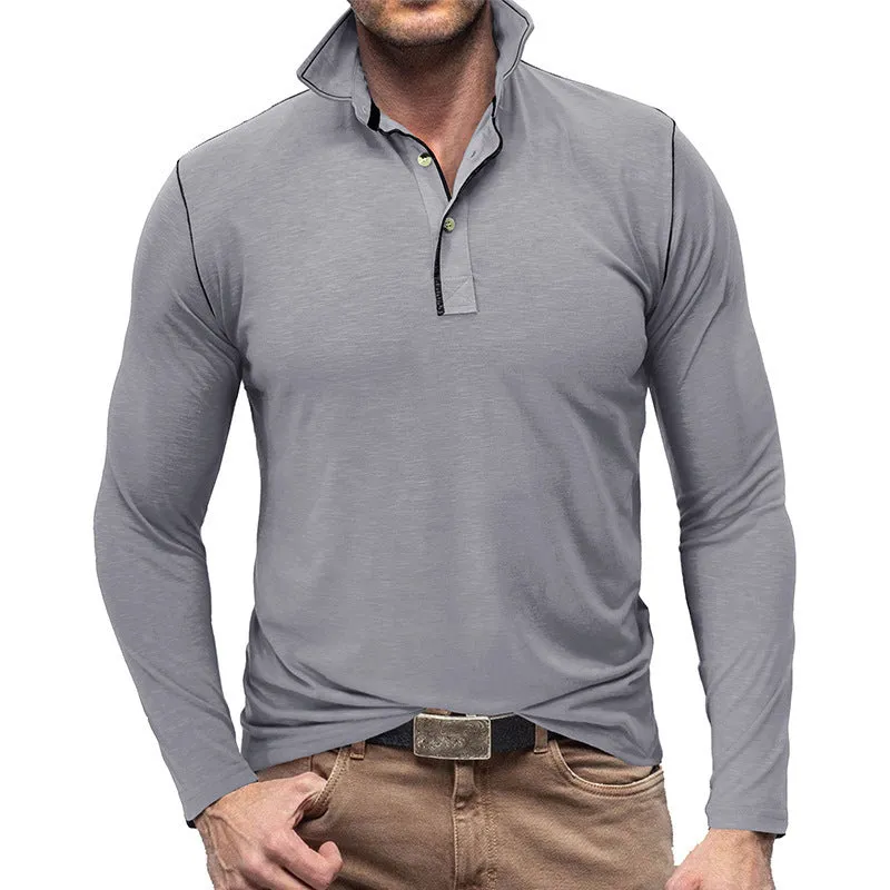 Men's slub cotton polyester Henley shirt lapel T-shirt top in army green long sleeves