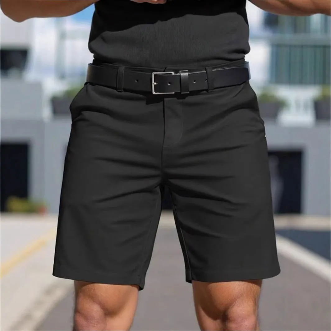 Men's straight-leg fifth pants in a solid colour, made from micro-elastic polyester fabric.