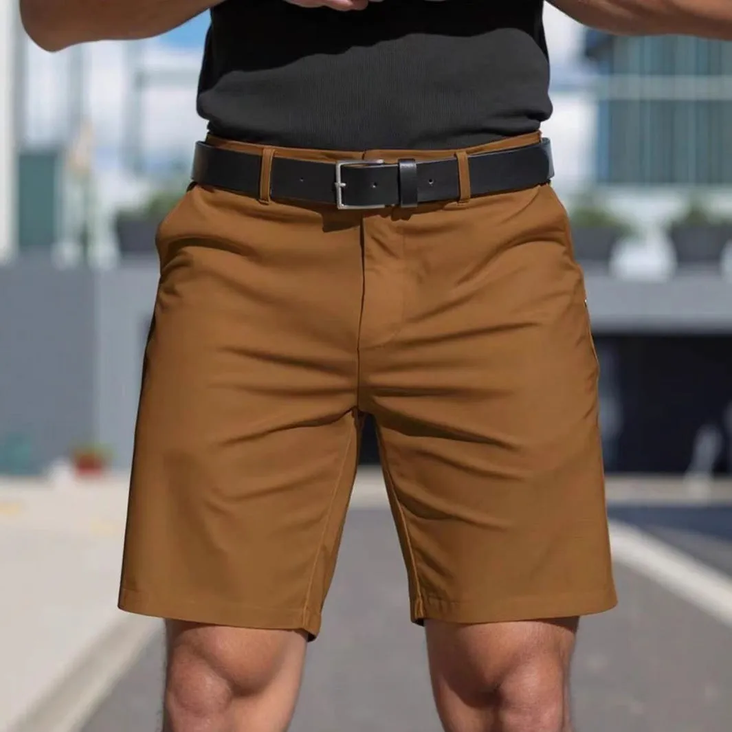 Men's straight-leg fifth pants in a solid colour, made from micro-elastic polyester fabric.