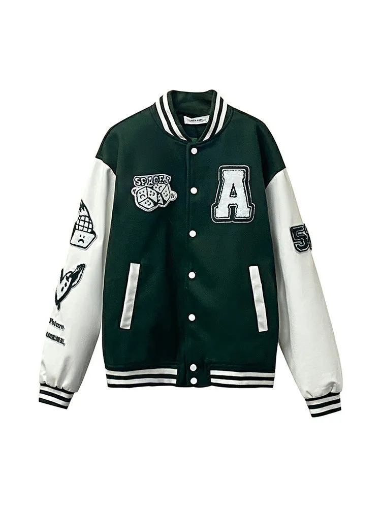 Men's college style stand up collar long sleeve embroidered letter jacket cardigan in black, blue, green