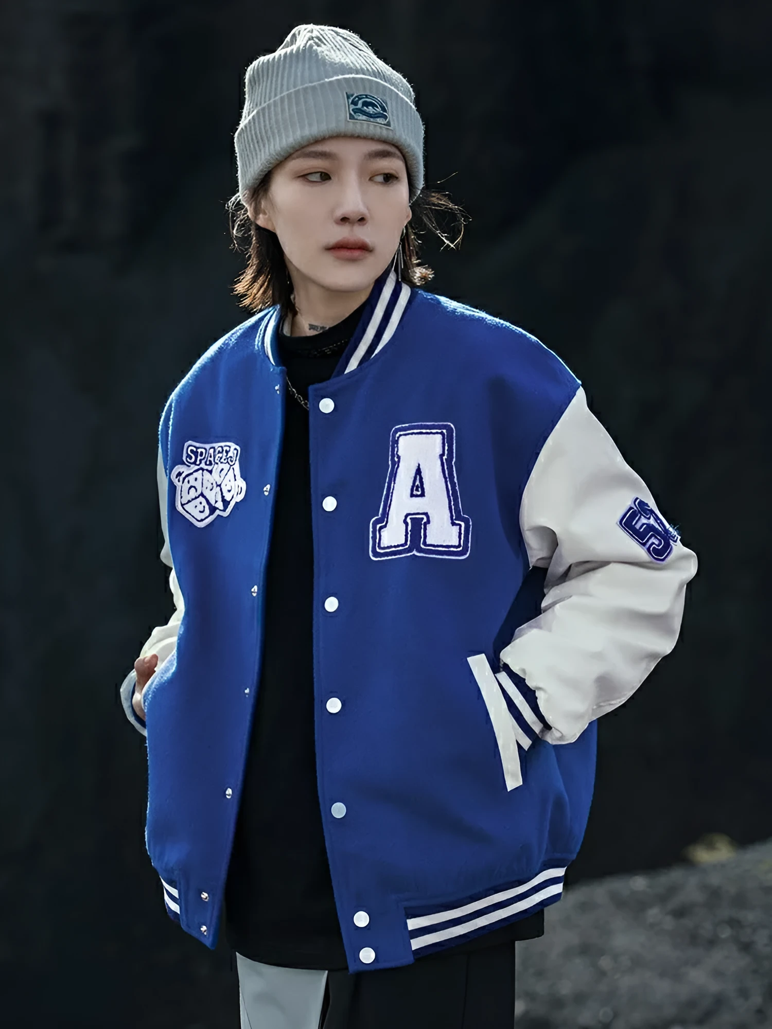 Men's college style stand up collar long sleeve embroidered letter jacket cardigan in black, blue, green