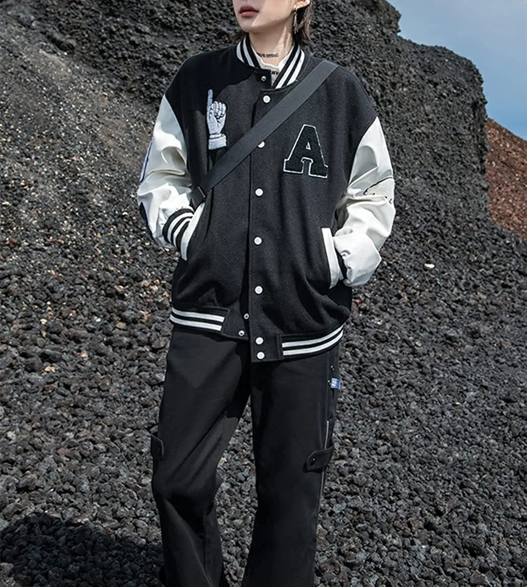 Men's college style stand up collar long sleeve embroidered letter jacket cardigan in black, blue, green