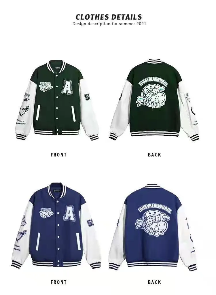 Men's college style stand up collar long sleeve embroidered letter jacket cardigan in black, blue, green