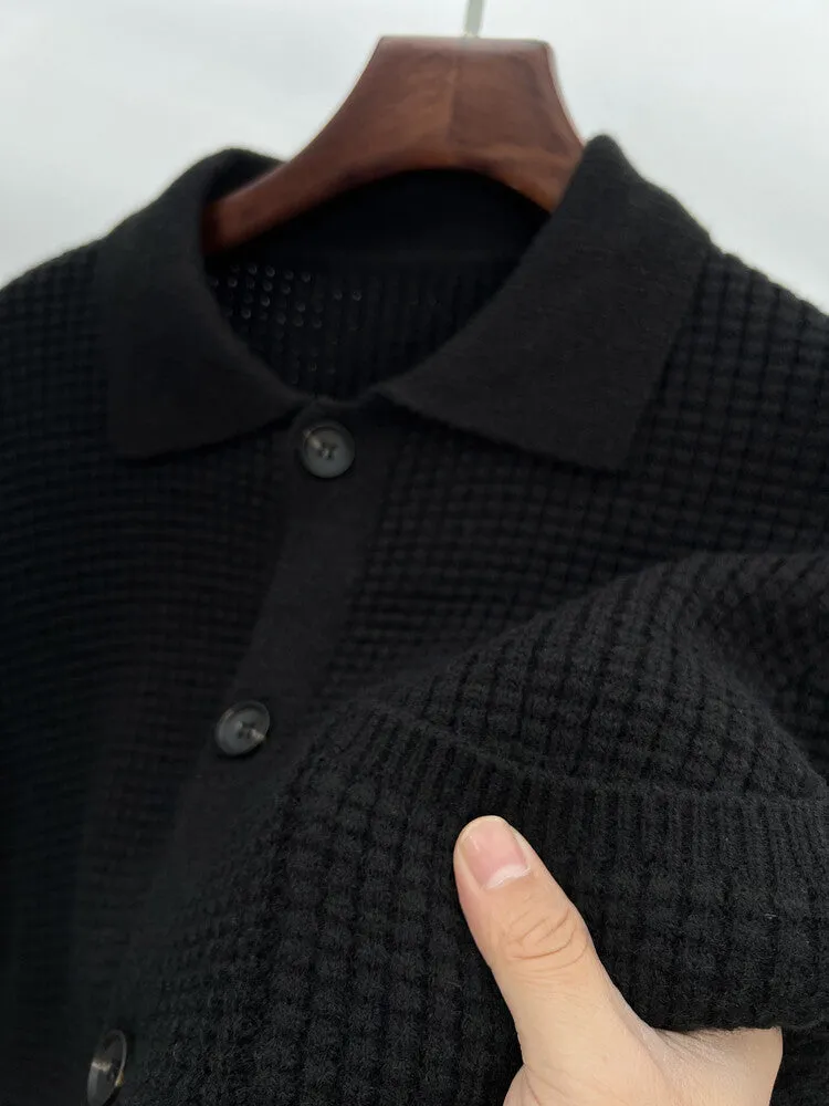 Twist jacquard lapel cardigan men's loose fit knit top coat in black gray beige