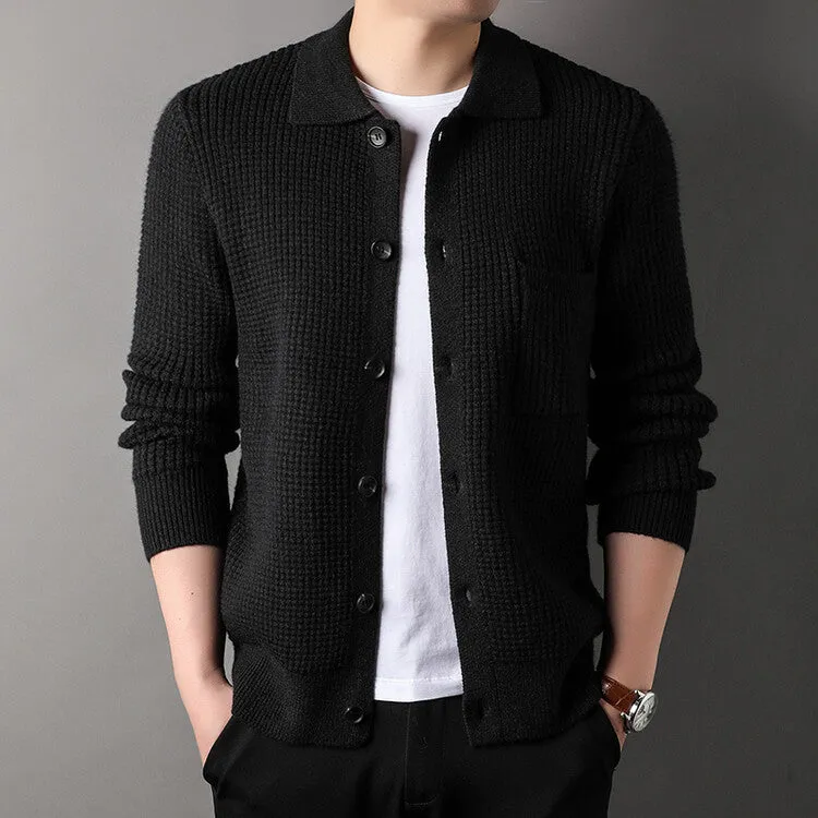 Twist jacquard lapel cardigan men's loose fit knit top coat in black gray beige