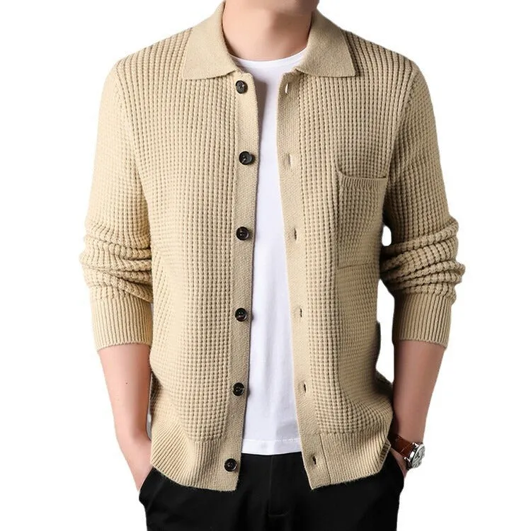 Twist jacquard lapel cardigan men's loose fit knit top coat in black gray beige