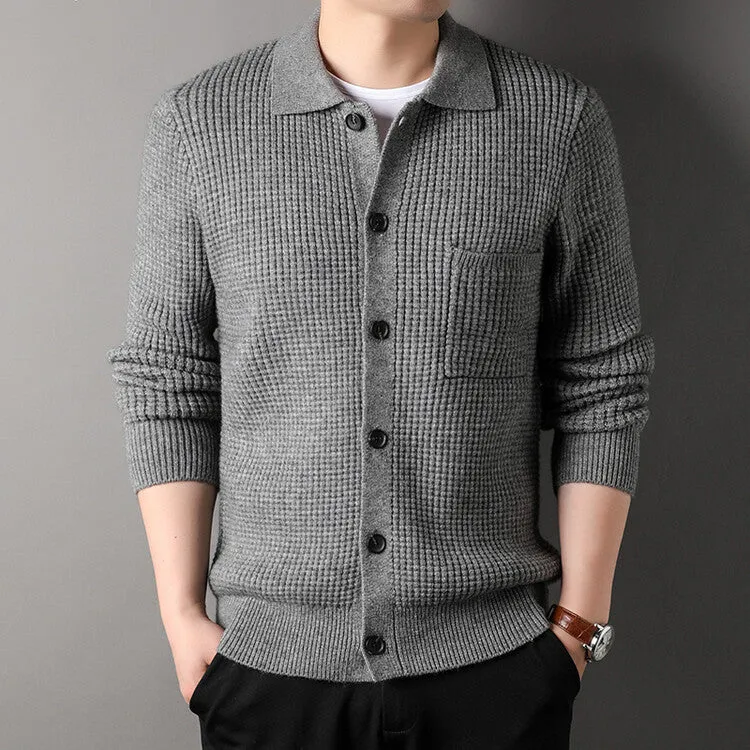 Twist jacquard lapel cardigan men's loose fit knit top coat in black gray beige