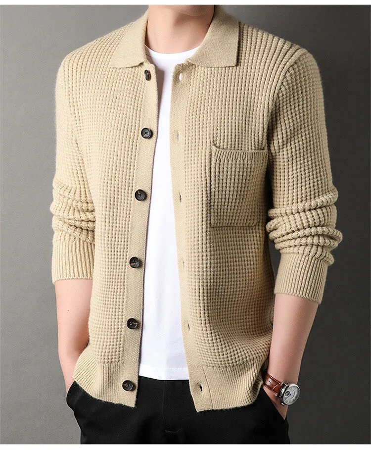 Twist jacquard lapel cardigan men's loose fit knit top coat in black gray beige