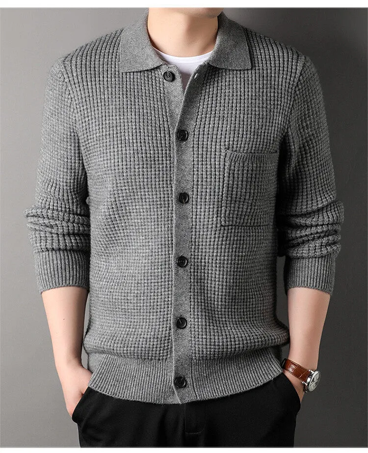 Twist jacquard lapel cardigan men's loose fit knit top coat in black gray beige