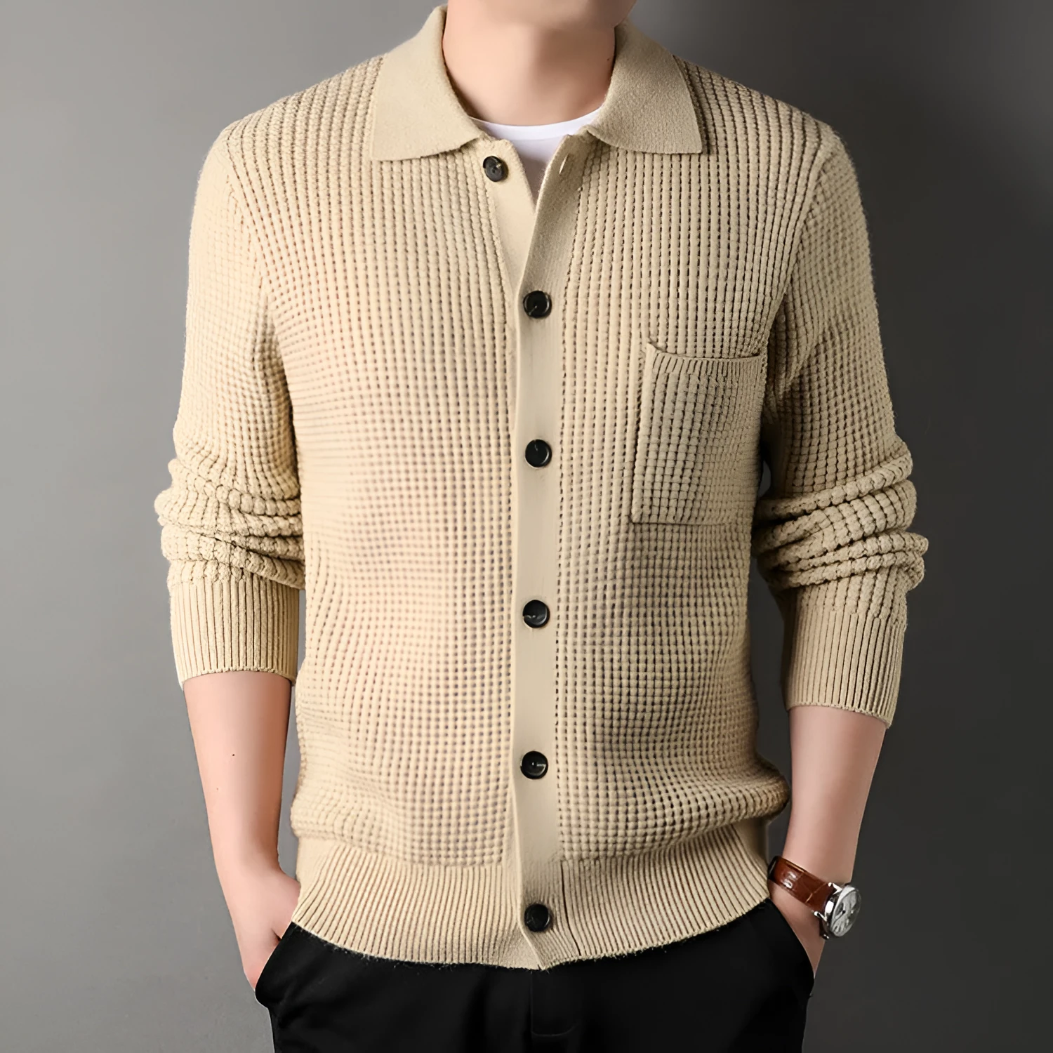 Twist jacquard lapel cardigan men's loose fit knit top coat in black gray beige