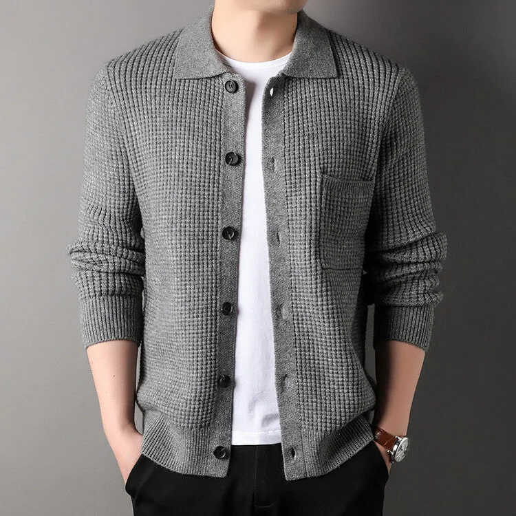 Twist jacquard lapel cardigan men's loose fit knit top coat in black gray beige