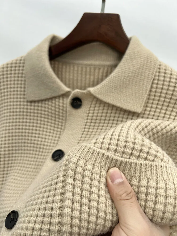 Twist jacquard lapel cardigan men's loose fit knit top coat in black gray beige
