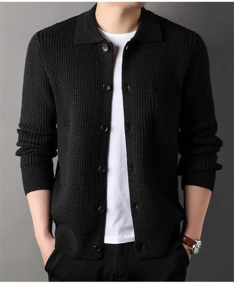 Twist jacquard lapel cardigan men's loose fit knit top coat in black gray beige