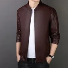 Men's PU leather jacket loose fit medium length 65cm in black, brown, and purplish red